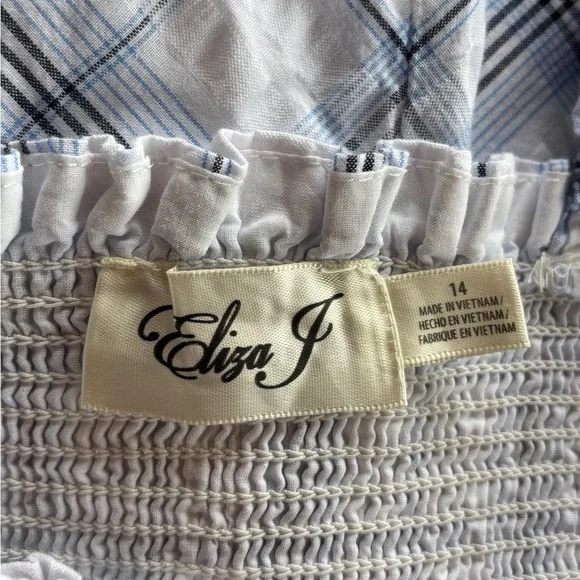 Eliza J 100% Cotton Blue and White Plaid Smocked Strap Dress -Sz 14 - Picture 2 of 5
